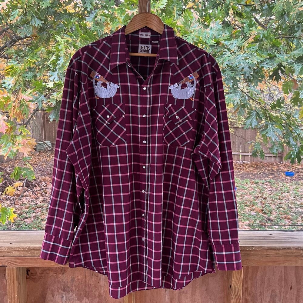Ely Cattleman Men's Vintage Western Shirt Maroon Plaid Armadillo Beer Size XXLT